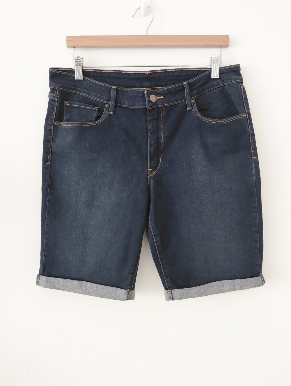 Dark Blue Denim Roll-Cuff Bermuda Shorts